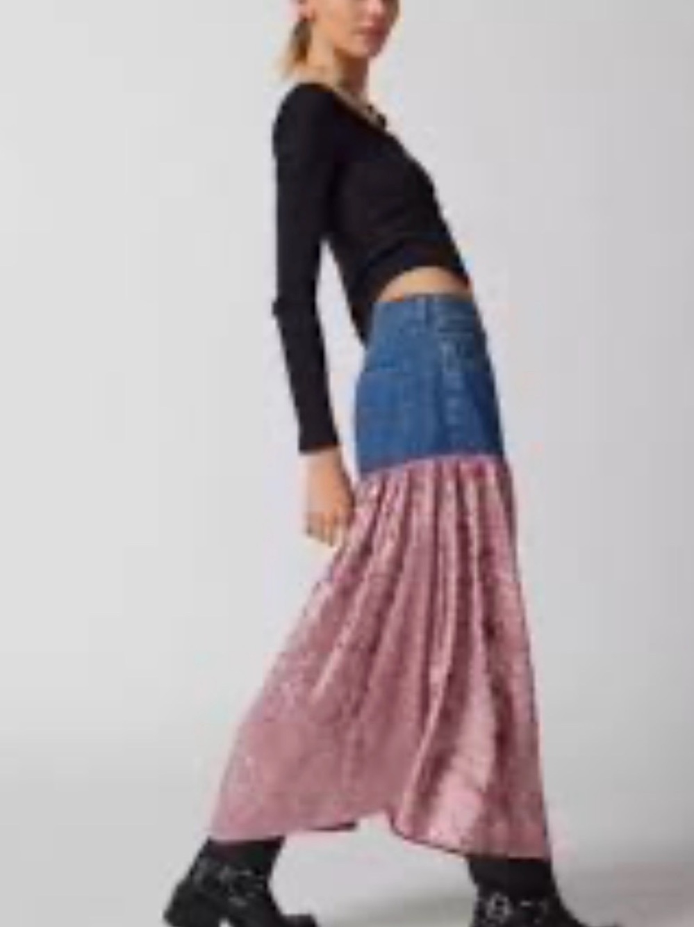 Urban Renewal Pink and Blue Denim-Waist Maxi Skirt